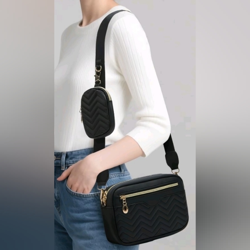 Black Quilted Crossbody Bag with Coin Pouch - Women